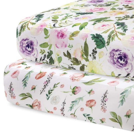 - 2 Pack Premium Fitted Baby Girl Crib Sheets for Standard Crib Mattress - Ultra-Soft Cotton Blend, Safe and Snug, and Stylish Floral Crib Sheet (Allure)