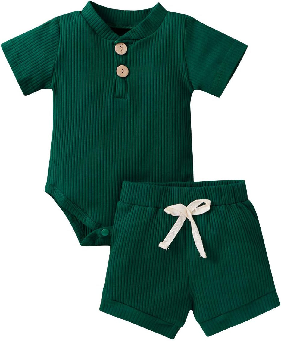 Newborn Baby Boy Girls Clothes Solid Ribbed Short Sleeve Romper Shorts Set Summer Outfits