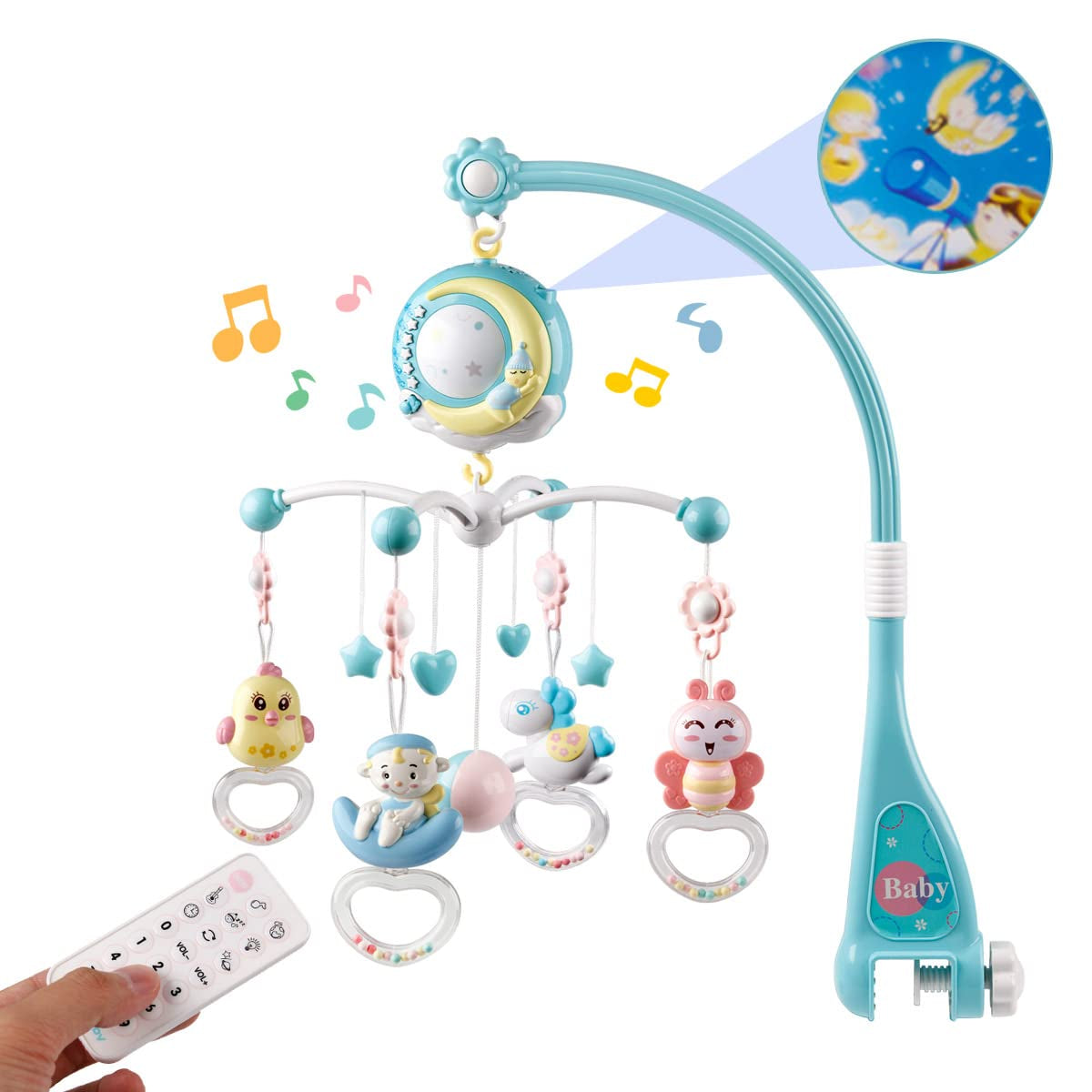 Musical Baby Crib Mobile Toy with Lights and Music, Star Projector Function and Cartoon Rattles, Remote Control Musical Box with 108 Melodies, Toy for Newborn Sleep