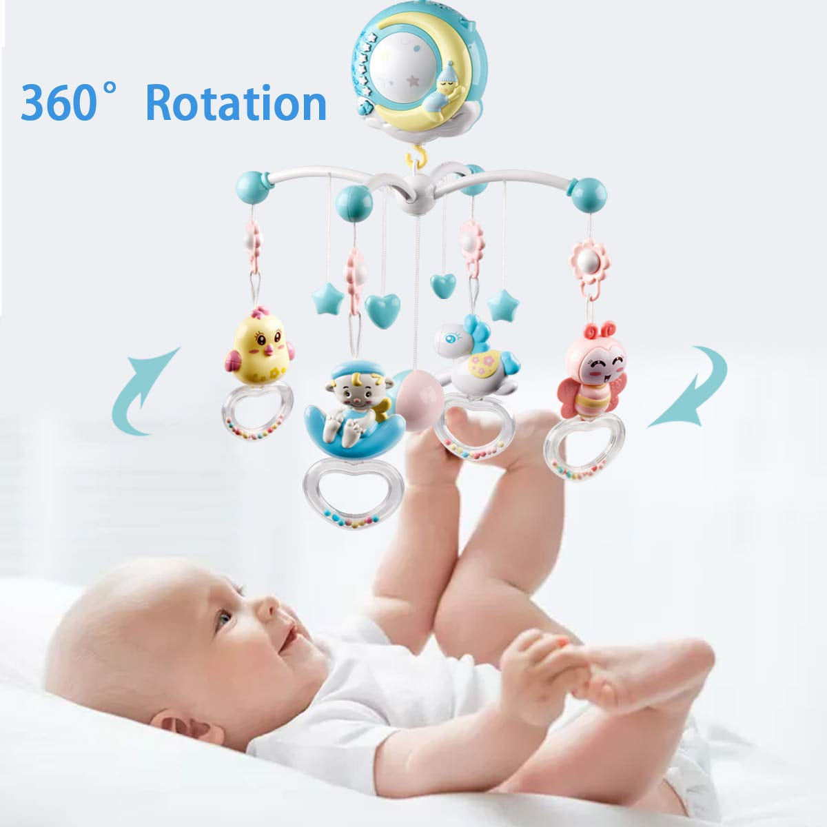 Musical Baby Crib Mobile Toy with Lights and Music, Star Projector Function and Cartoon Rattles, Remote Control Musical Box with 108 Melodies, Toy for Newborn Sleep