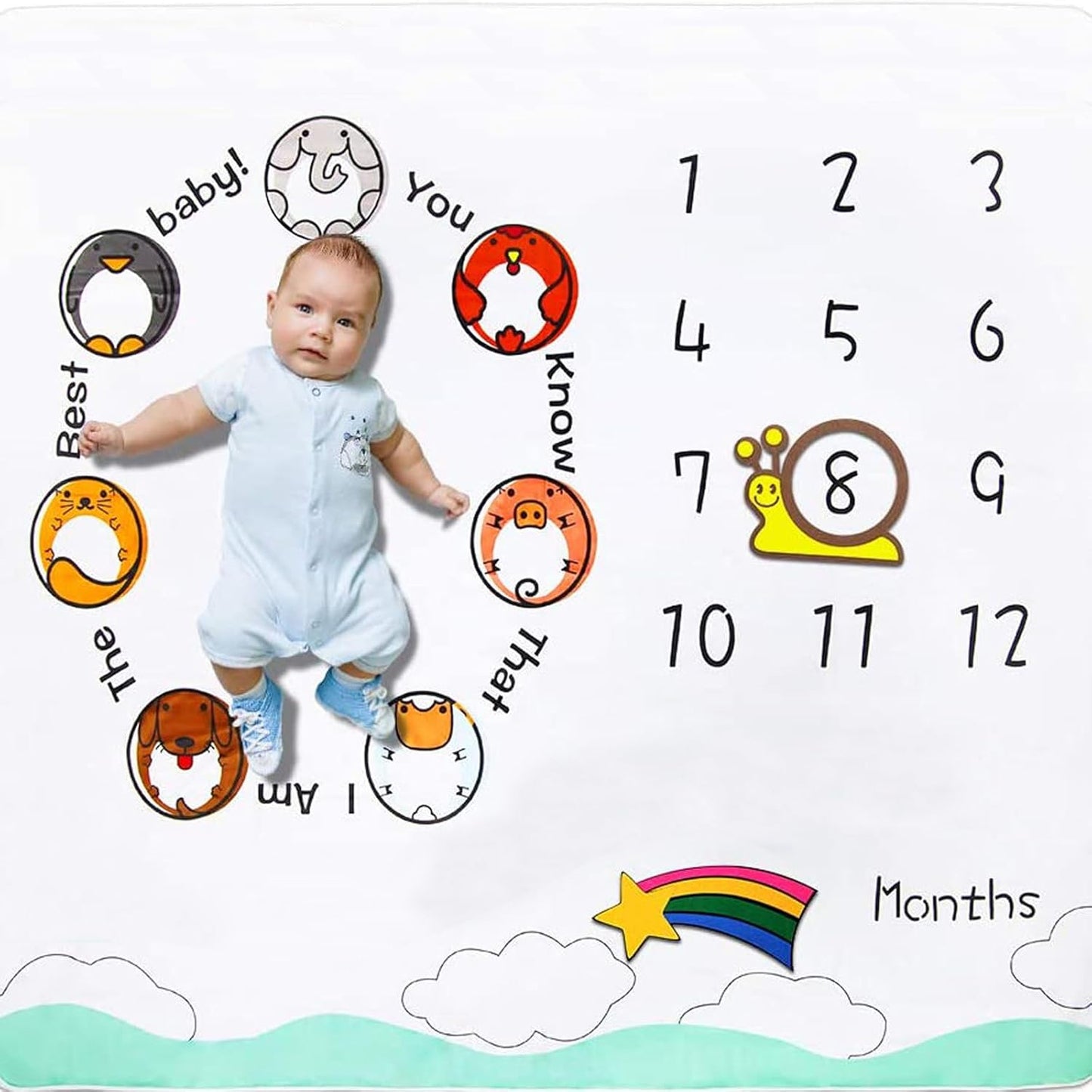 Baby Milestone Blanket, Baby Monthly Milestone Blanket Animal Theme for Boy and Girl, Photography Background Prop - Baby Age Month Blanket with Growth Chart, Baby Blanket for Baby Gift (50"X40")