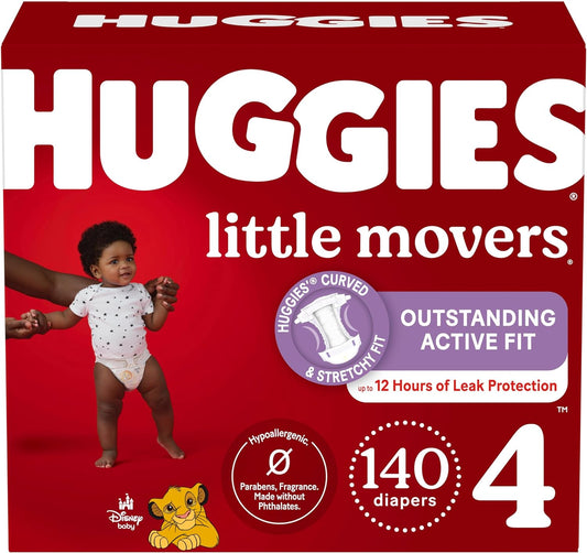 Size 4 Diapers, Little Movers Baby Diapers, Size 4 (22-37 Lbs), 140 Ct (2 Packs of 70)