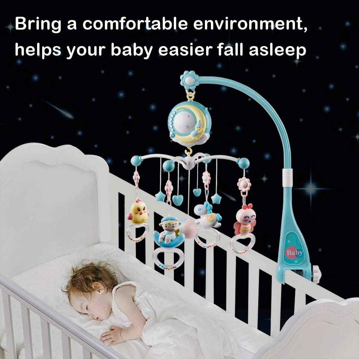 Musical Baby Crib Mobile Toy with Lights and Music, Star Projector Function and Cartoon Rattles, Remote Control Musical Box with 108 Melodies, Toy for Newborn Sleep