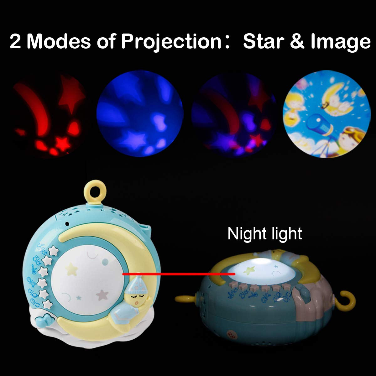 Musical Baby Crib Mobile Toy with Lights and Music, Star Projector Function and Cartoon Rattles, Remote Control Musical Box with 108 Melodies, Toy for Newborn Sleep