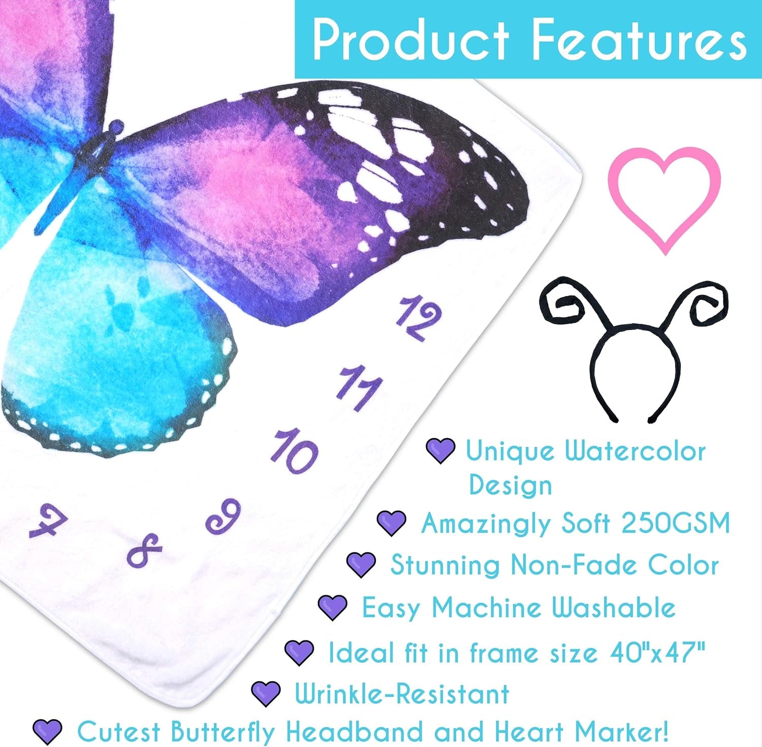 Baby Monthly Milestone Blanket Girl Boy Unisex Gender Neurtal Month Age Photo Photography Backdrop Newborn Props Nursery Decor Fleece Marker New Moms - Butterfly Headband