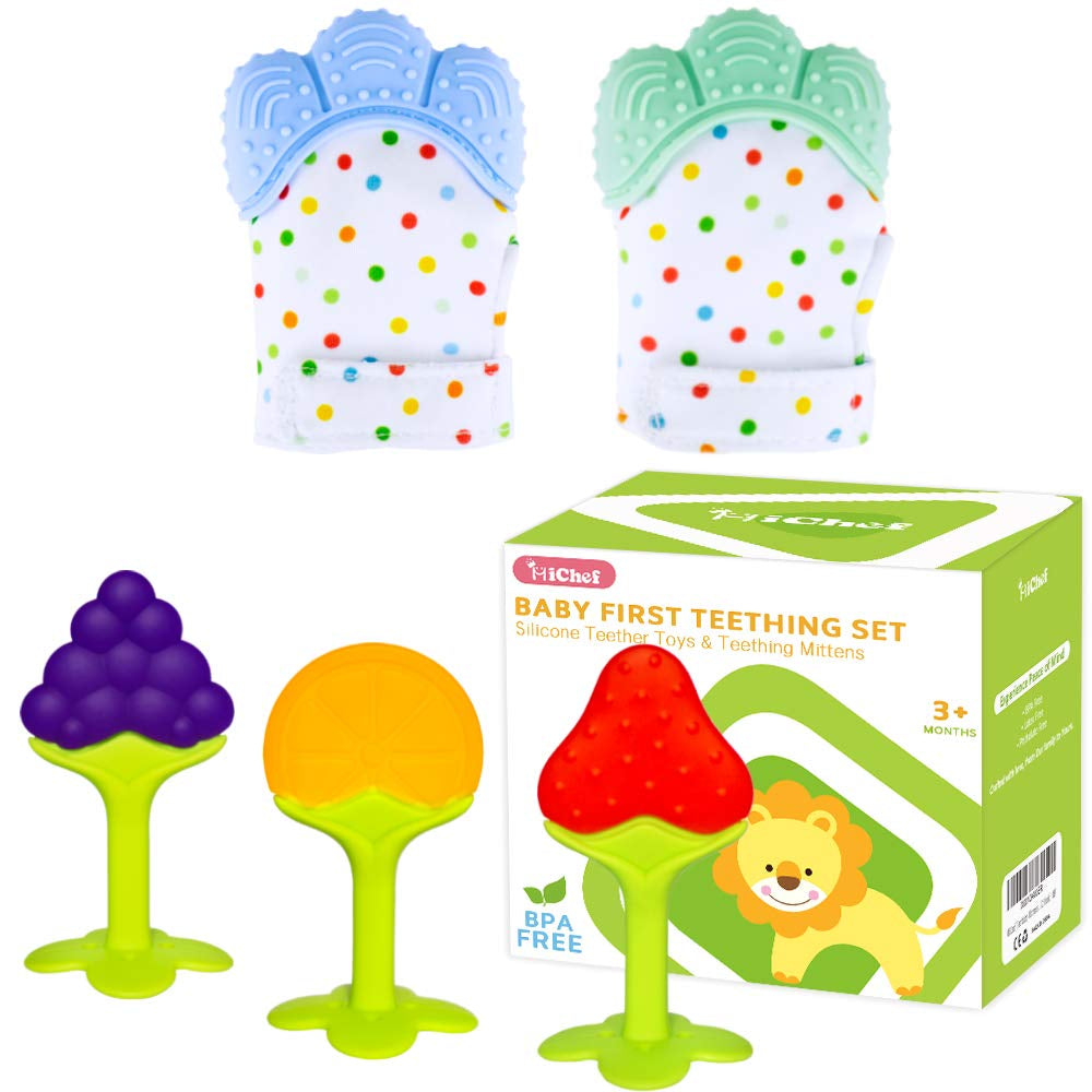 Teething Mittens for Baby (2 Pack) with Baby Teething Toys (3 Pack), Self Soothing Pain Relief Mitt, Silicone Baby Teethers, Bpa-Free, Natural Organic Freezer Safe for Infants and Toddlers