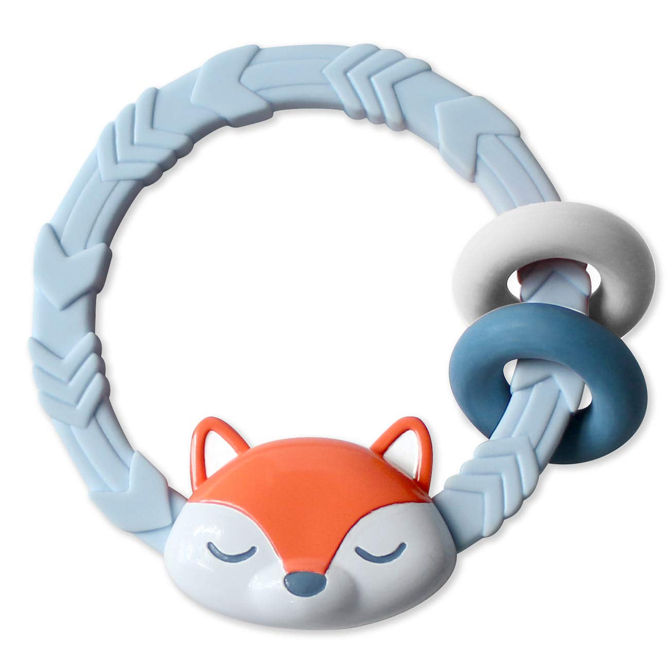 Silicone Teether with Rattle; Rattle Teether Features Rattle Sound, Two Silicone Teething Rings and Raised Texture to Soothe Gums; Ages 3 Months and up (Fox)