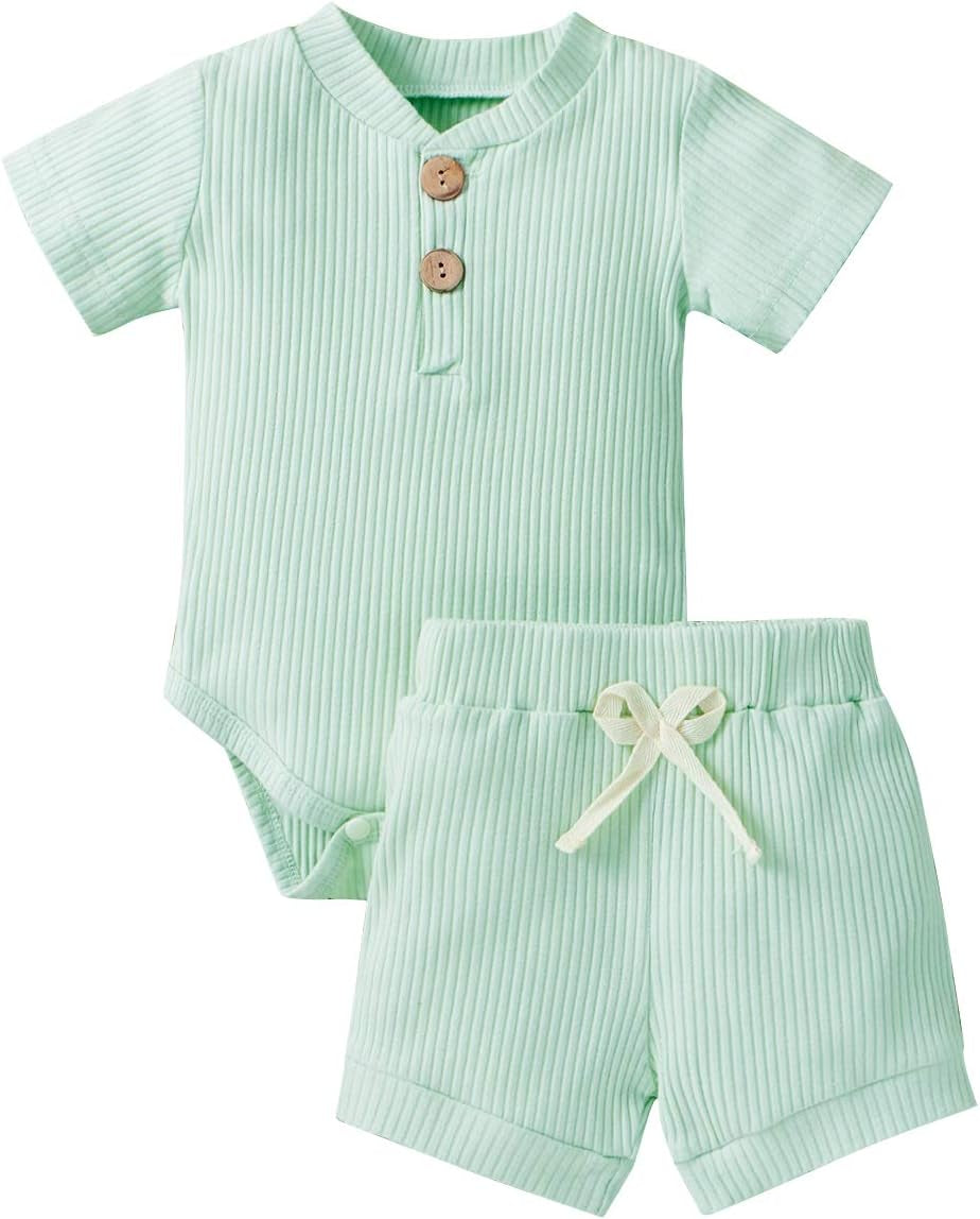 Newborn Baby Boy Girls Clothes Solid Ribbed Short Sleeve Romper Shorts Set Summer Outfits