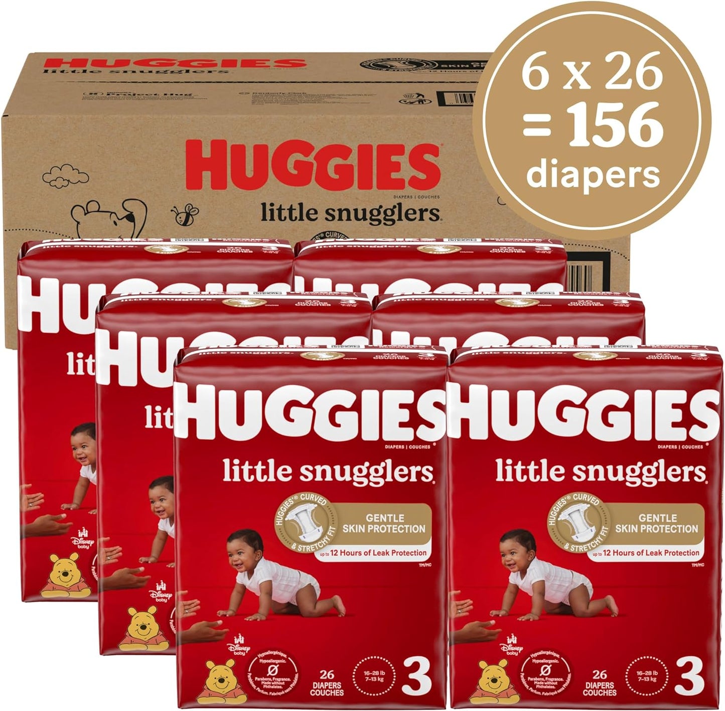 Size 3 Diapers, Little Snugglers Baby Diapers, Size 3 (16-28 Lbs), 156 Ct (6 Packs of 26)