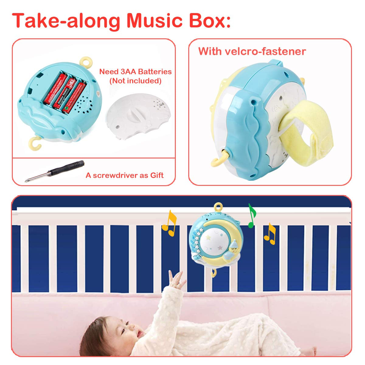 Musical Baby Crib Mobile Toy with Lights and Music, Star Projector Function and Cartoon Rattles, Remote Control Musical Box with 108 Melodies, Toy for Newborn Sleep