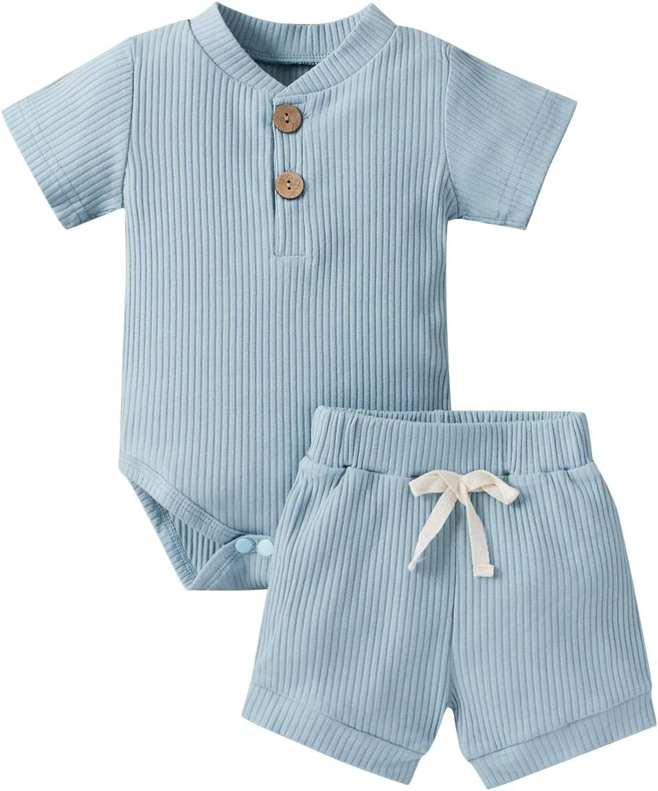 Newborn Baby Boy Girls Clothes Solid Ribbed Short Sleeve Romper Shorts Set Summer Outfits