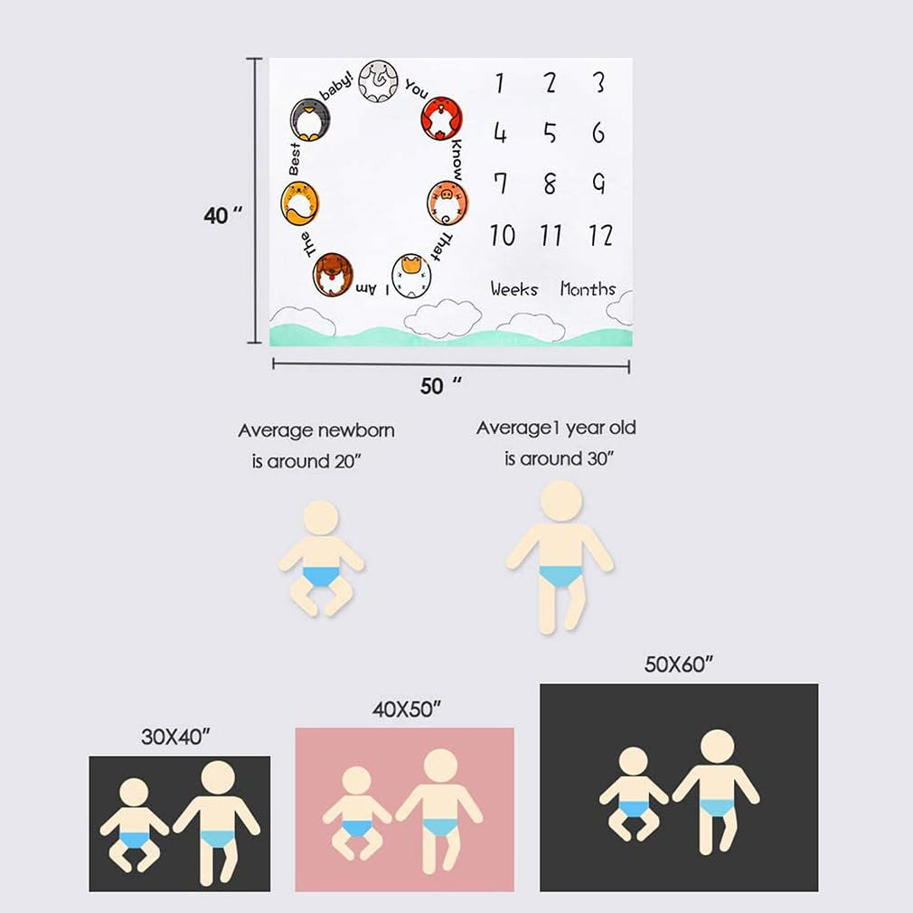 Baby Milestone Blanket, Baby Monthly Milestone Blanket Animal Theme for Boy and Girl, Photography Background Prop - Baby Age Month Blanket with Growth Chart, Baby Blanket for Baby Gift (50"X40")