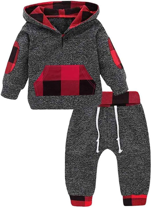 Toddler Infant Baby Boys Clothes Plaid Long Sleeve Hoodie Sweatshirt Pants Kids Xmas Fall Winter 2Pcs Outfits Set