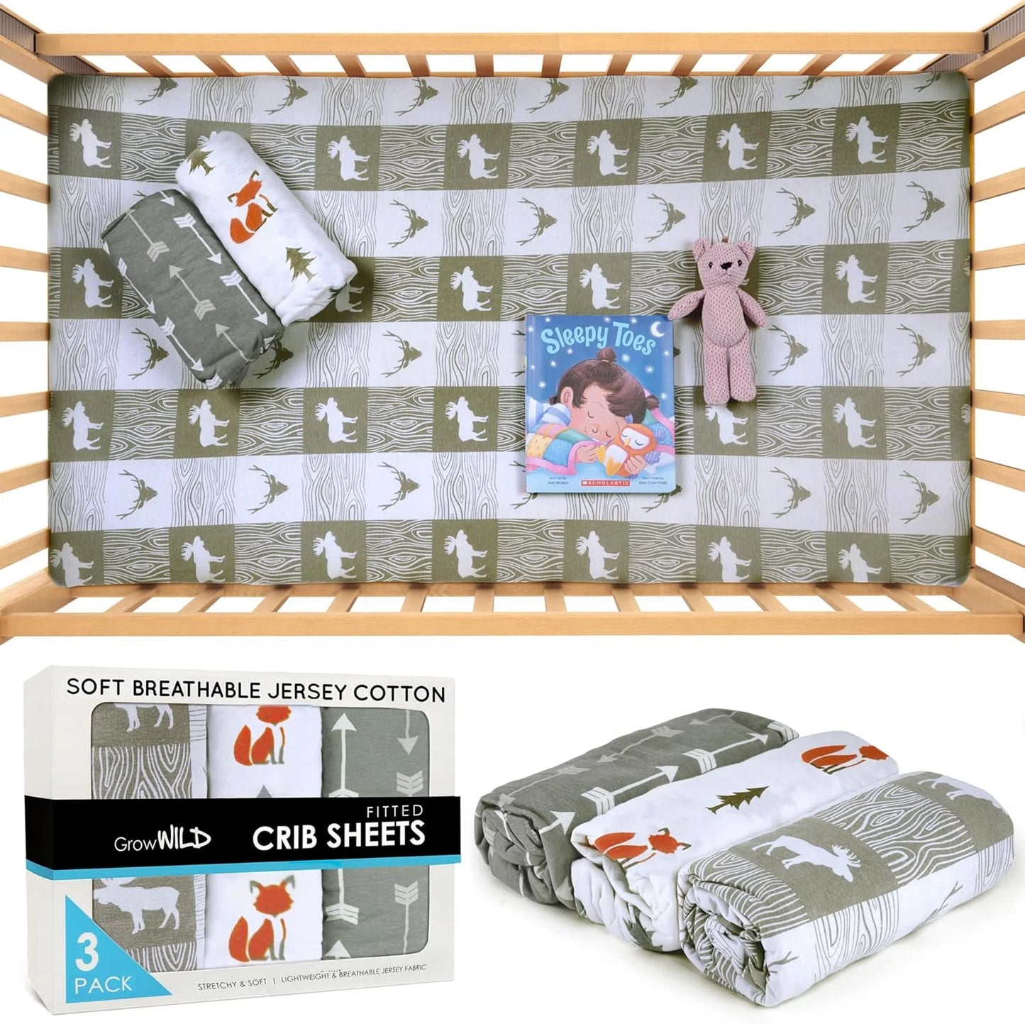 Forest Crib Sheets 3 Pack | Soft Crib Sheets for Boys and Girls | Crib Sheets Neutral Grey | Stretchy Forest Crib Sheet - Nicely Fit Crib Mattress Sheet (Forest Fun)