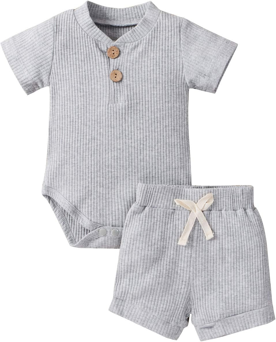 Newborn Baby Boy Girls Clothes Solid Ribbed Short Sleeve Romper Shorts Set Summer Outfits