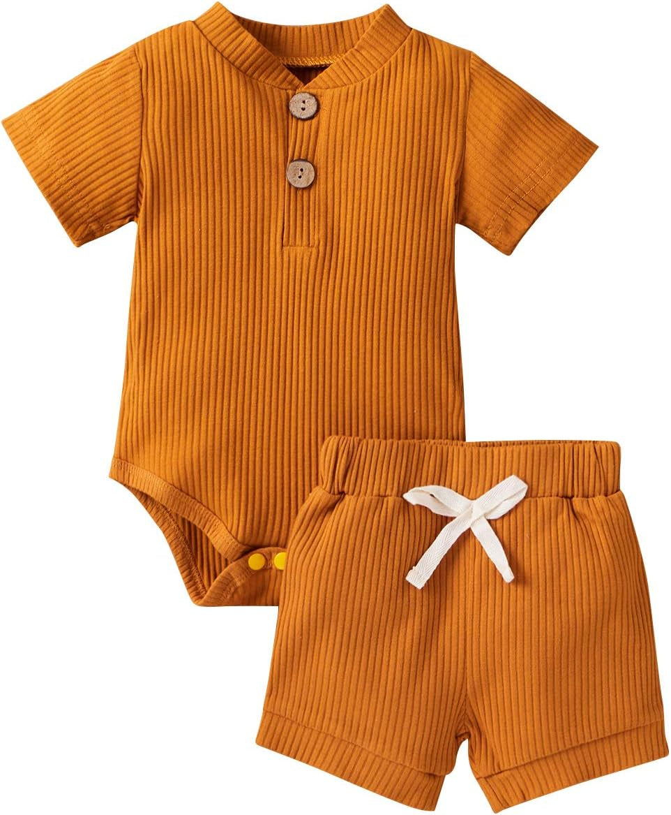 Newborn Baby Boy Girls Clothes Solid Ribbed Short Sleeve Romper Shorts Set Summer Outfits