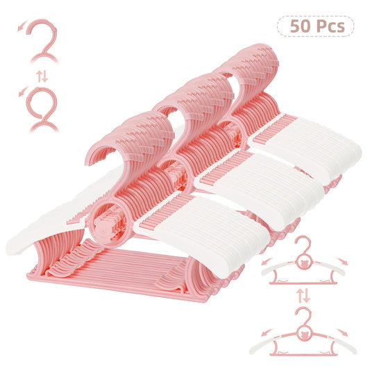 Baby Hangers 50 Pack, 11"-14" Extendable Kids Hangers, Non-Slip Baby Hangers for Closet, Plastic Kid Hangers with Windproof Buckle, Baby Clothes Hangers for Pants Shirts Outfit Onesie, Pink