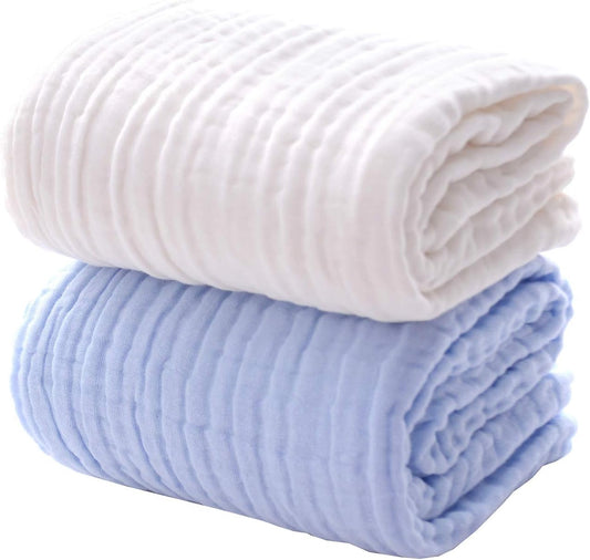 Baby Bath Towels, Super Soft Cotton Receiving Blanket for Baby'S Delicate Skin,2Pack Swaddle Blanket for Newborns Toddlers Boy Girl,Baby Registry as Shower (White+Blue)