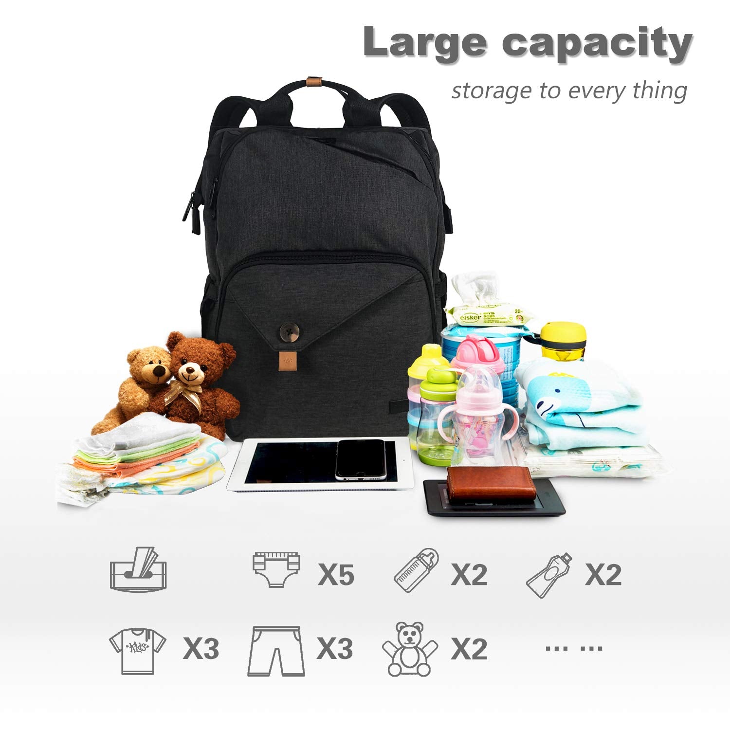 Diaper Bag Backpack,Large Capacity Travel Back Pack Maternity Baby Nappy Changing Bags, Double Compartments with Stroller Straps,Waterproof,Black (US7340-DG)