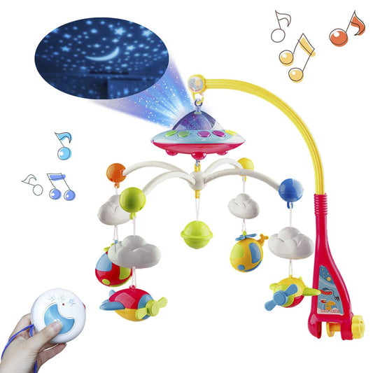 Musical Baby Crib Mobile Toy with Lights and Music, Star Projector Function and Cartoon Rattles, Remote Control Musical Box with 108 Melodies, Toy for Newborn Sleep