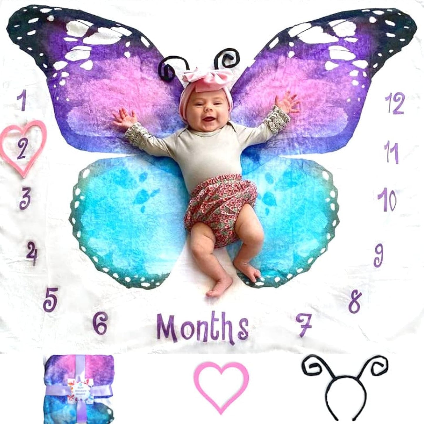 Baby Monthly Milestone Blanket Girl Boy Unisex Gender Neurtal Month Age Photo Photography Backdrop Newborn Props Nursery Decor Fleece Marker New Moms - Butterfly Headband